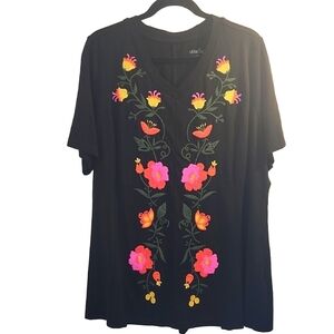 Embroidered Rose Black TShirt Short Sleeve 1X Soft Modal VNeck Tunic